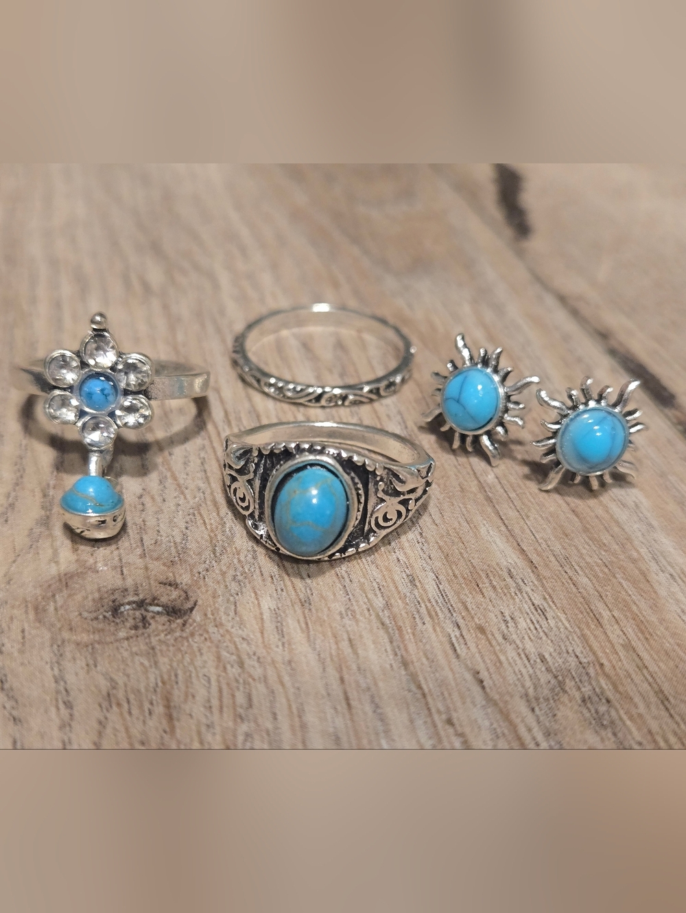 Silver Turquoise Sunkiss Earrings & Women's Rings Set